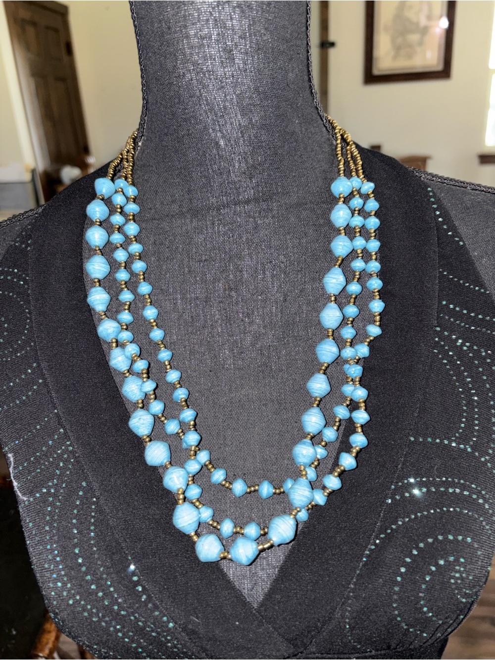 Blue Multi-Strand Beaded Necklace 13 inches